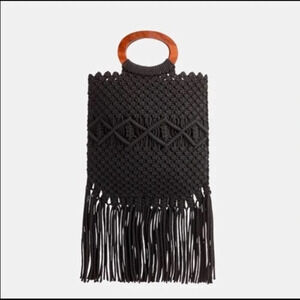 Danielle Nicole Macrame Fringe Tassel‎ Wooden Handle Crossbody Bag in Black